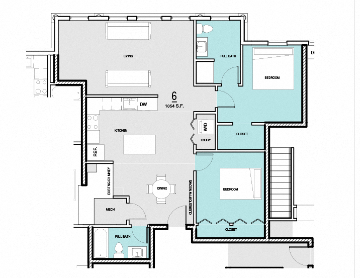 Floor plan for 2 beds, 2 baths, 1054 sqft